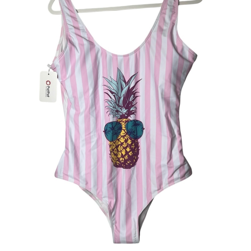 PATPAT  Womans Size XL Swimsuit One Piece Pineapple Pink Striped Build In Bra - Picture 2 of 11